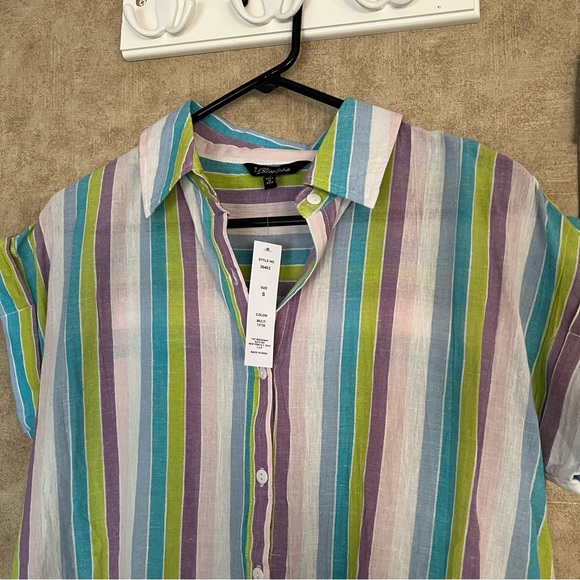1 Bliss Lane Striped Tie Front Collared Button Front Short Sleeve Top S - Picture 5 of 7